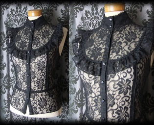 Gothic Black Frilled Lace Bib VICTORIAN GOVERNESS High Neck Blouse 10 12 Vintage by AusterexxDevotion steampunk buy now online