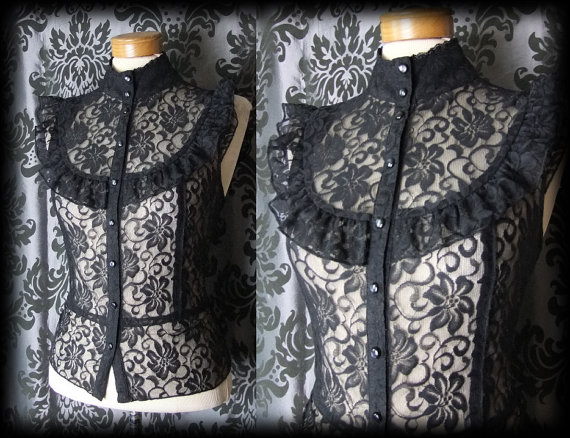 Gothic Black Frilled Lace Bib VICTORIAN GOVERNESS High Neck Blouse 10 12 Vintage by AusterexxDevotion steampunk buy now online