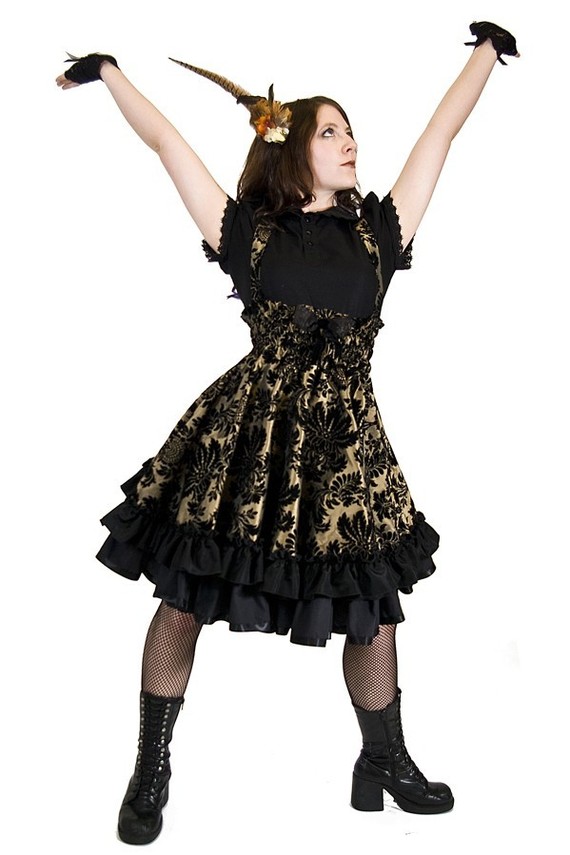 Steampunk Lolita Jumper Skirt Party Dress in Gold Velvet Flock-Custom to your Size by KMKDesignsllc steampunk buy now online