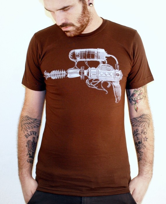 Steampunk Blaster Raygun Print on Brown American Apparel TShirt by darkcycleclothing steampunk buy now online