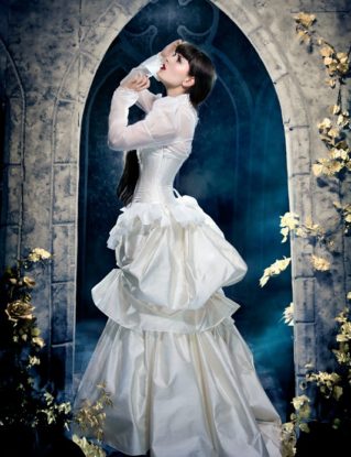 Steampunk Edwardian Wedding Dress - Elegant in Ivory - Victorian Bustle Gown Silk- Sheer Sleeves High Neck - Custom to Order by KMKDesignsllc steampunk buy now online