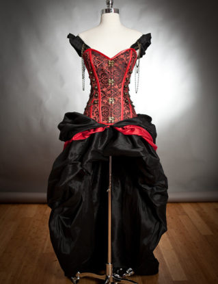 Custom Size Black and Red Steampunk Burlesque corset with train prom dress by Glamtastik steampunk buy now online