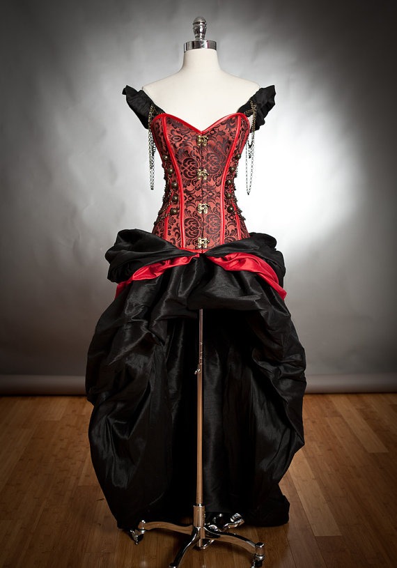 Custom Size Black and Red Steampunk Burlesque corset with train prom dress by Glamtastik steampunk buy now online