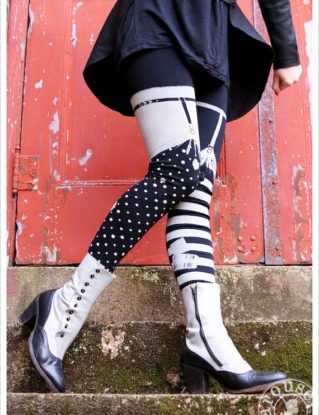 GREY Pippi Leggings - Black Grey Striped GARTER Legging - Polka Dot Striped Tights Legwear Womens Tights by Carouselink steampunk buy now online