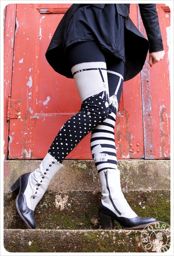 GREY Pippi Leggings - Black Grey Striped GARTER Legging - Polka Dot Striped Tights Legwear Womens Tights by Carouselink steampunk buy now online