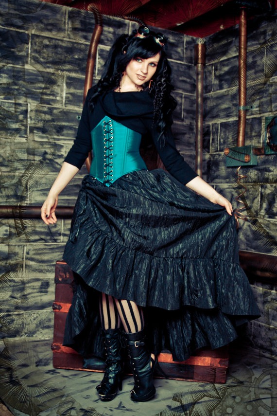 Steampunk Victorian Skirt - Pirate Renissance - Crinkle Taffeta Gathere Ruffle with Bustle Pulls - "Victoria Style" Custom to Order by KMKDesignsllc steampunk buy now online