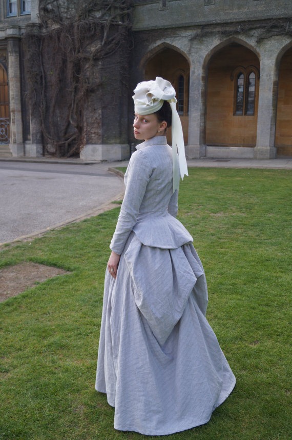 Customisable Victorian 1880s Bustle Dress Outfit in Linen by BlueLadyCouture steampunk buy now online