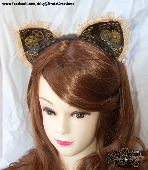 Steampunk Kitty Cat Ears Headband by SkyPirateCreations steampunk buy now online