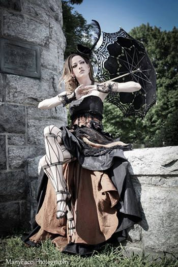 Steampunk black and copper striped bridal gown with bustle by Tilldeathbridal steampunk buy now online