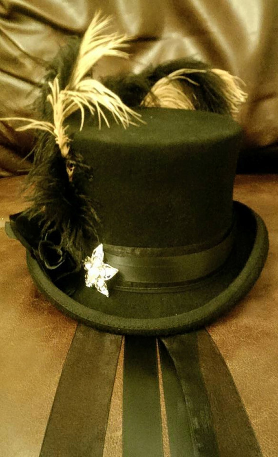 Steampunk Victorian Stevie Nicks Inspired 100% Wool Black Top Hat Feathers Diamonte Brooch Black Rose Gothic Halloween Cosplay Festivals by Mad4Hats steampunk buy now online