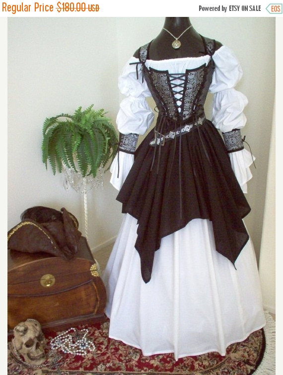 ON SALE NOW Complete Renaissance Pirate Wedding Costume: Bodice Shirt Skirt Set Wrist Cuffs and Lacing. Different fabrics for the bodice. by bygonethreads steampunk buy now online