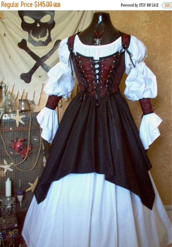 ON SALE NOW Red and Black Skulls Pirate Renaissance Steampunk Costume. Different Fabrics Available For The Bodice. by scalarags steampunk buy now online