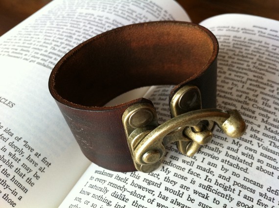 Leather Steampunk Bracer / Bracelet with Antique Brass Swing Clasp by FiendishWear steampunk buy now online