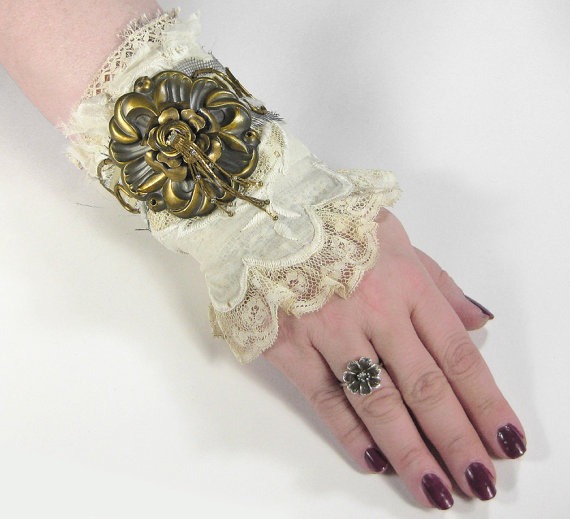 Steampunk BRIDAL Cuff Vintage Victorian Ivory Lace Brass ROSETTE Rhinestone Gears Tassel Wedding Bridal Cuff - Steampunk Cuffs by edmdesigns by edmdesigns steampunk buy now online