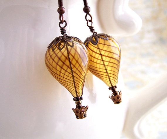 Hot Air Balloon Earrings - Steampunk balloon earrings in blown glass and copper - Hot Air Balloon Jewelry - Steampunk Earrings by ElainaLouiseStudios steampunk buy now online