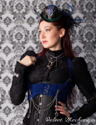 LAST ONE Steampunk Harness Royal BLUE Velvet Faux Suede Underbust Bodice with Silver Gears, Buckles, and Antique Keys by Velvet Mechanism by velvetmechanism steampunk buy now online