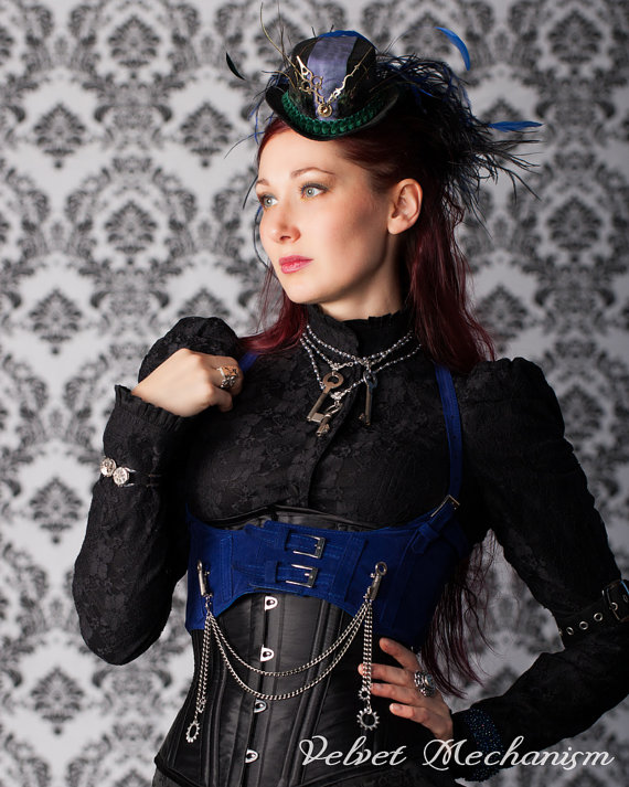 LAST ONE Steampunk Harness Royal BLUE Velvet Faux Suede Underbust Bodice with Silver Gears, Buckles, and Antique Keys by Velvet Mechanism by velvetmechanism steampunk buy now online