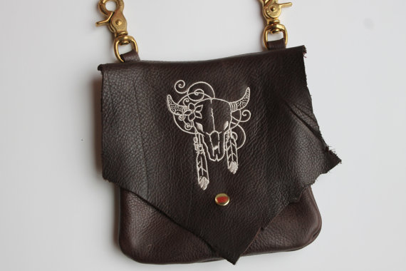 Leather Hip Bag with Machine Embroidered Steerhead by bagandbaby steampunk buy now online
