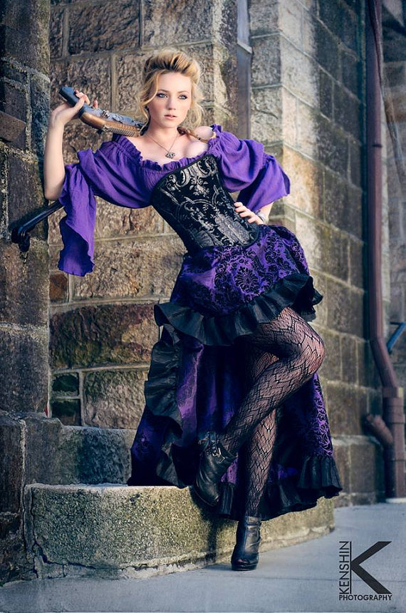 Purple Steampunk Outfit Corset, Purple Blouse, Purple and Black Skirt by SilverLeafCostumes steampunk buy now online