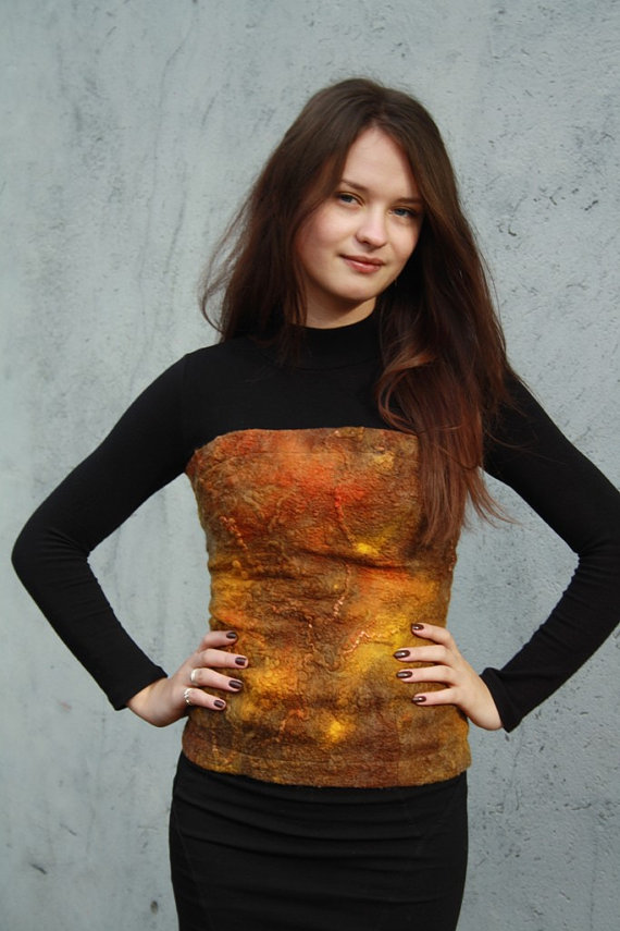 Felted silk corset - Steampunk overbust corset - Brown gold top - Boho chic - Bohemian woman clothing by hedgiefelt steampunk buy now online