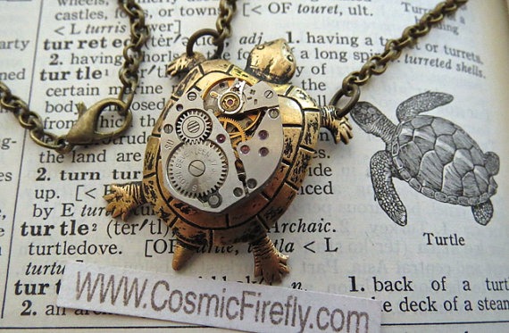 Steampunk Necklace Brass Turtle Necklace Vintage Watch Movement Nautical Sealife Jewelry Antiqued Brass Rolo Chain Handcrafted Jewelry by CosmicFirefly steampunk buy now online