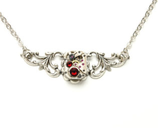 JULY Steampunk Necklace, RUBY RED Steampunk Watch Necklace Victorian Silver Flourish Steam Punk Steampunk Jewelry Victorian Curiosities by VictorianCuriosities steampunk buy now online