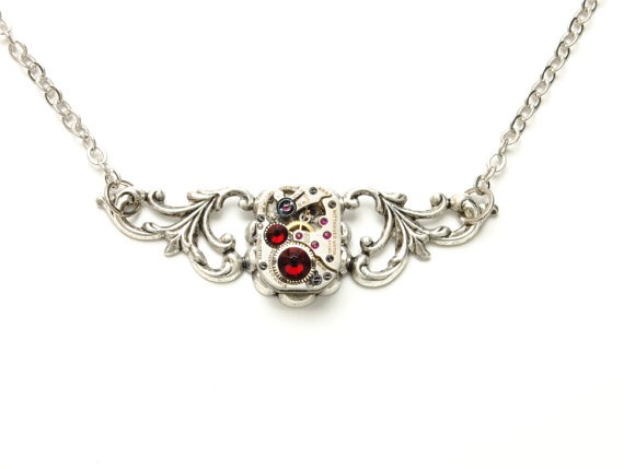 JULY Steampunk Necklace, RUBY RED Steampunk Watch Necklace Victorian Silver Flourish Steam Punk Steampunk Jewelry Victorian Curiosities by VictorianCuriosities steampunk buy now online