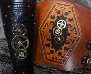 Carved Leather 3 Cog Steampunk Bracer by JacklynHyde steampunk buy now online