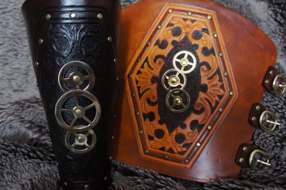 Carved Leather 3 Cog Steampunk Bracer by JacklynHyde steampunk buy now online