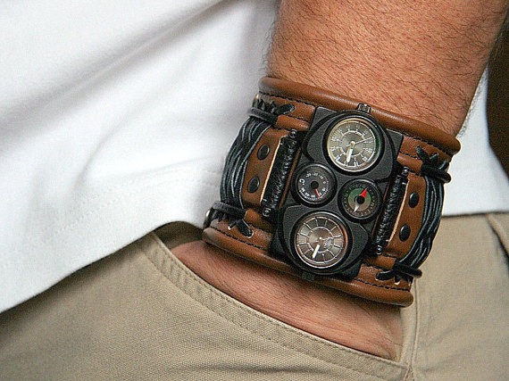 Mens wrist watch bracelet "Voyager"- Steampunk Watches - SALE - Worldwide Shipping - Leather cuff wrist watch. by dganin steampunk buy now online