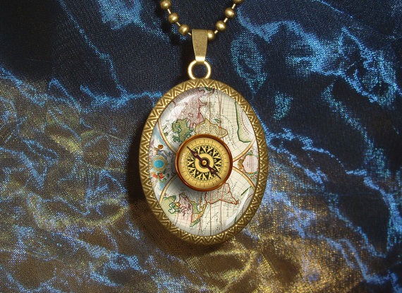 Steampunk Compass World Map. Extra Large bronze pendant with bronze ball chain Necklace by WildBuzzJewellery steampunk buy now online