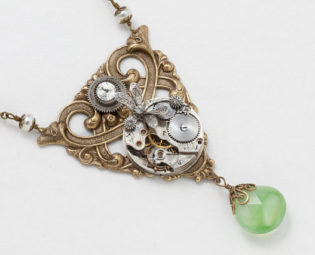 Steampunk Necklace Vintage silver pocket watch movement with pearl, crystal & green Chalcedony silver dragonfly Victorian gold pendant 2784 by steampunknation steampunk buy now online