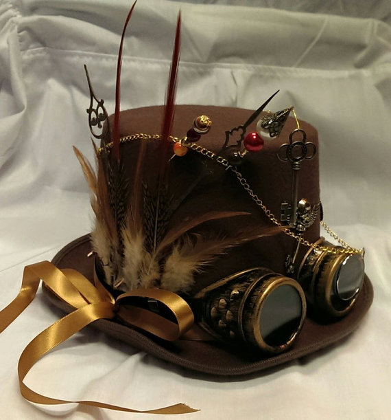 Steampunk/ Bespoke/ Victorian/ Goth/ Brown Wool Felt Top Hat/ Aviator Goggles/ Hat Pins/ Clocks/ Skeleton/ Wings/ Feathers/ Keys/ Festival by Mad4Hats steampunk buy now online