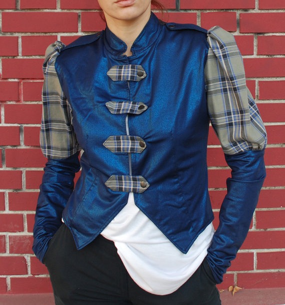 Galaxy blue Steampunk jacket Military style blazer Plaid puff sleeves Stand collar women's jacket by Lutkart steampunk buy now online