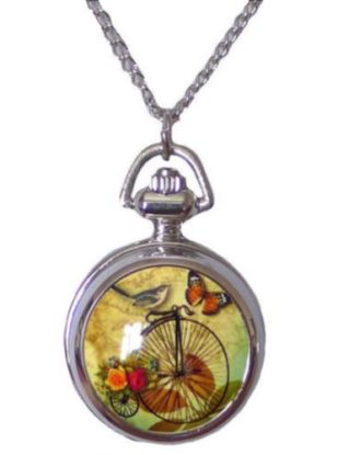 Victorian Lady Small Vintage Butterfly Bird & Penny Farthing Bike Fob Necklace steampunk buy now online