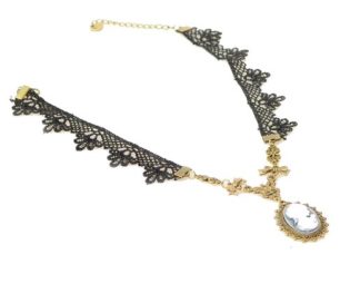 Black Floral Lace Necklace With Ornate Cameo & Dainty Bows Gothic Victorian Steampunk steampunk buy now online