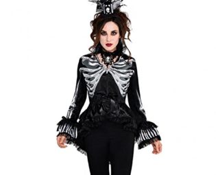 Adult Womens Skeleton Black Gothic Jacket - Size 10-14 - Standard Ladies Horror Goth Punk Victorian Striped Long Tail Halloween Party Costume Fancy Dress Accessory Outdoor Clothing steampunk buy now online