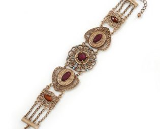 Victorian Style Filigree, Cranberry, Topaz Coloured Bead Bracelet In Antique Gold Tone - 17cm Length/ 3cm Extension steampunk buy now online