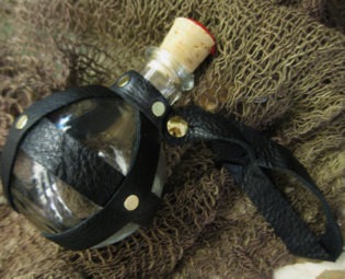 Pirate/Steampunk Glass Round Bottle, Flask, Black Leather-Wrapped by CastawayTradingCo steampunk buy now online