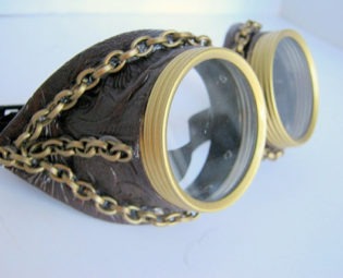 Steampunk Goggles Air Pirate Eyewear - brown faux leather design with chains by OntheWingsofSteam steampunk buy now online