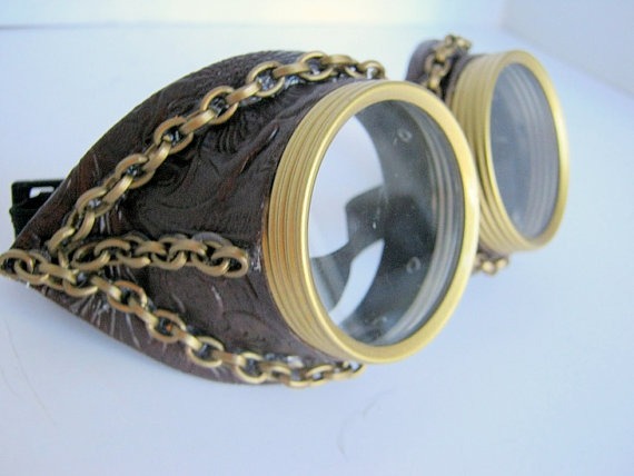 Steampunk Goggles Air Pirate Eyewear - brown faux leather design with chains by OntheWingsofSteam steampunk buy now online