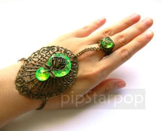 Steampunk Jewel Bracer - Rose Charm Filigree Bronze Metal hand armor jewelry bracer / Slave Bracelet - Customizable color and gem by PipStarPop steampunk buy now online