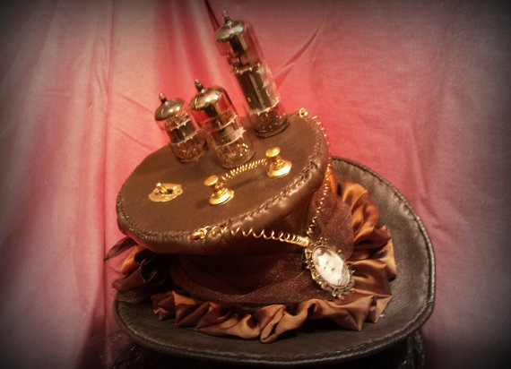 Tesla Top hat. Brown leather mini top hat with vacuum tubes. Nixie tubes. Top hat . Steampunk. Dieselpunk. Victorian. by TheTimeCabinet steampunk buy now online