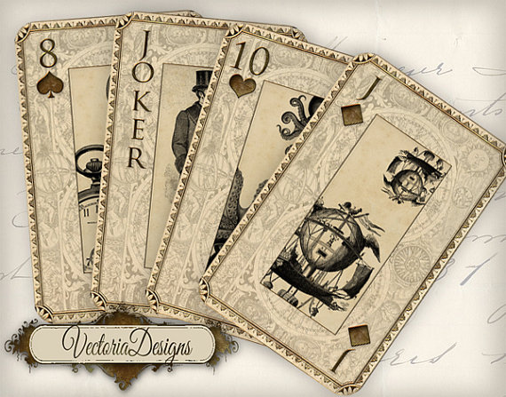 Steampunk and Science playing cards full deck printable hobby crafting digital graphics instant download digital collage sheet - VD0448 by VectoriaDesigns steampunk buy now online