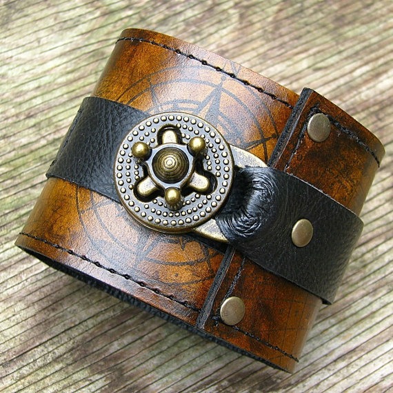Steampunk Leather Wrist Wallet Cuff with Secret Pocket for Men & Women - World Map Traveler by sewlutionsbyamo steampunk buy now online
