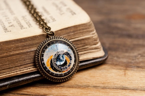 Tiny astronomical steampunk pendant, brass pendant, glass pendant, Prague clock pendant, brass necklace, glass necklace, steampunk necklace by SomeMagic steampunk buy now online