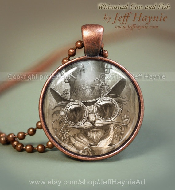 Steam punk CAT NECKLACE, Steampunk Cat pendant // Halloween necklace resin pendant // black cat jewelry // Black Cat // Cat Lover by JeffHaynieArt steampunk buy now online