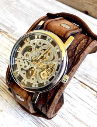 Men's leather watch, Steampunk watch, Rustic brown watch, Skeleton wrist watch, Leather watch cuff, Bracelet watch, Quartz watch by ForeverSignature steampunk buy now online