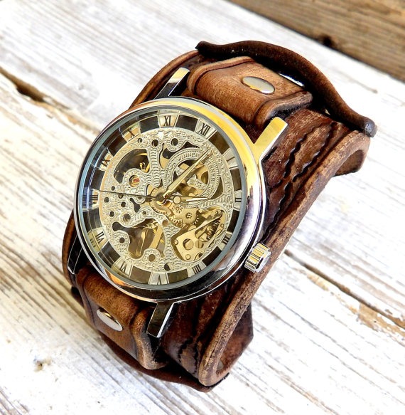 Men's leather watch, Steampunk watch, Rustic brown watch, Skeleton wrist watch, Leather watch cuff, Bracelet watch, Quartz watch by ForeverSignature steampunk buy now online