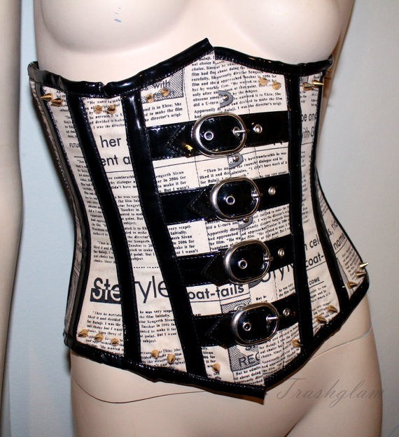 Neo victorian Steampunk Vintage newspaper gold spiked steel boned underbust waist cincher corset by HausofTrashglam steampunk buy now online